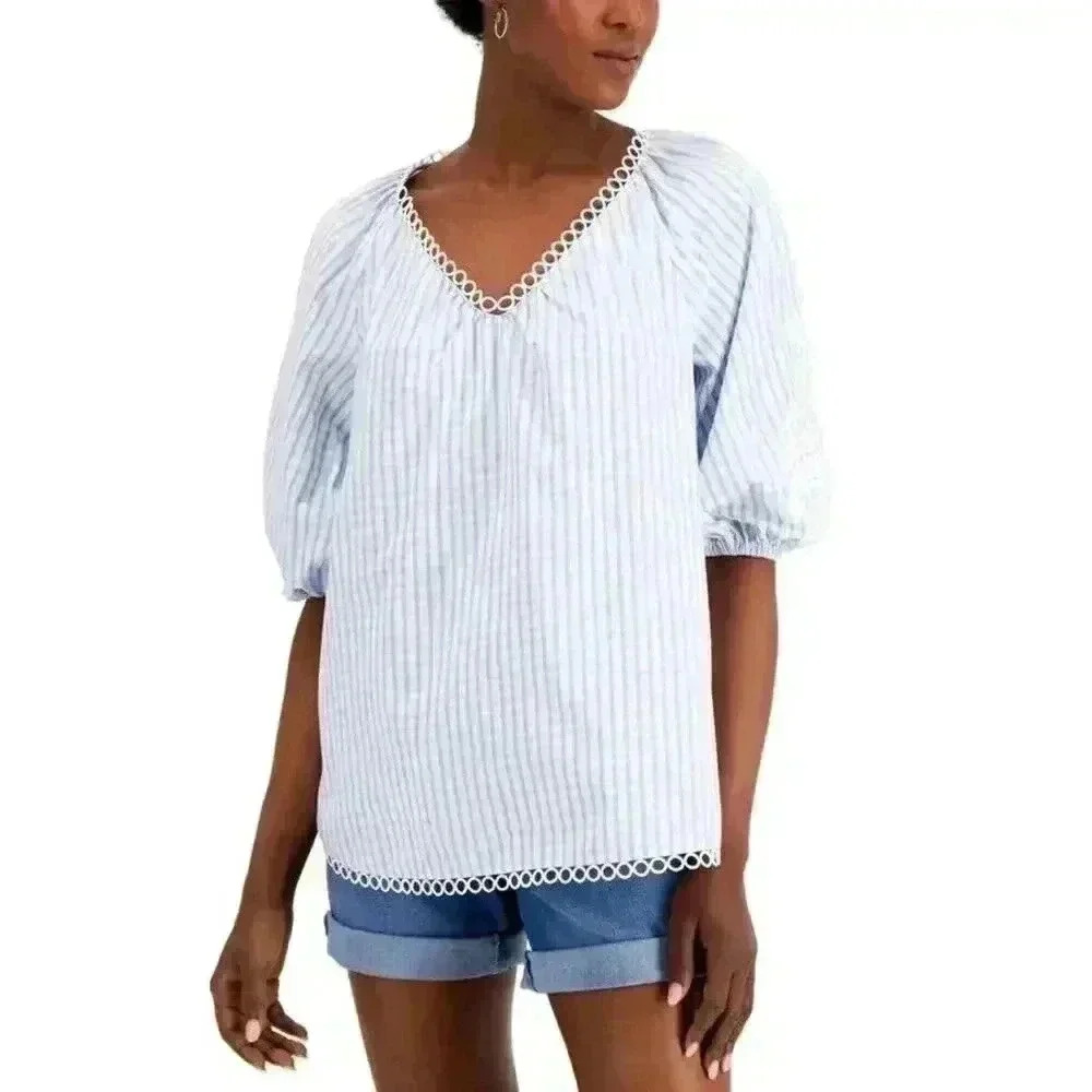 Charter Club Women's Petite Cotton Puff-Sleeve Striped Blouse‎ (PM, White Combo)